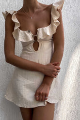 Linen Blend Ruffle Cut Out Resort Mini Dress